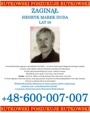Ekipa Krzysztofa Rutkowskiego poszukuje 59-letniego mężczyzny. Zaginął Henryk Marek Duda.